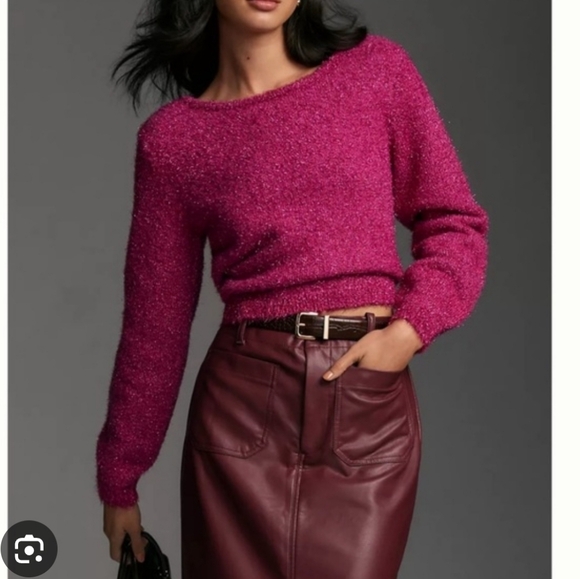 Anthropologie Sweaters - By Anthropologie Eyelash Pullover Cropped Sweater Metallic Pink Size Large
